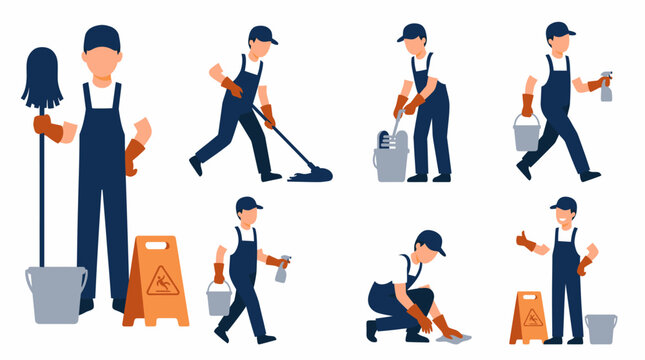 Collection of cartoon illustrations depicting a professional cleaner performing various cleaning tasks with different tools and equipment.
