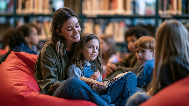 Friendly teacher sitting on beanbags with a group of diverse children in a library, reading a book and engaging them in storytelling AI