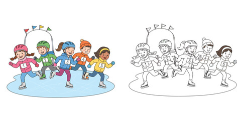 Fototapeta premium Kids Ice Skating Race Cartoon Illustration and Black and White Line Art Coloring Page for Children - Winter Sports and Competition Activity Theme