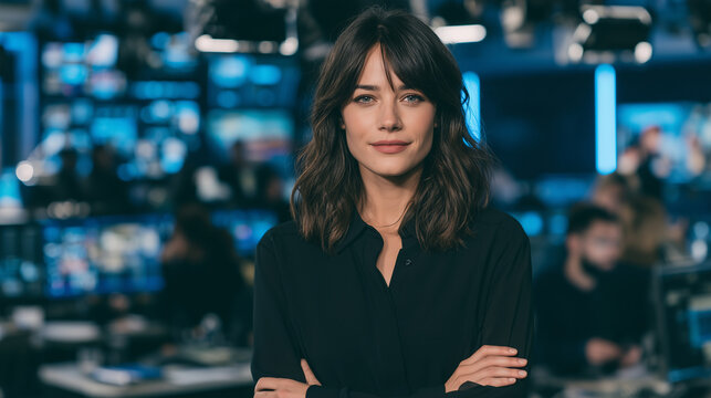 Professional female TV presenter in a blue-lit newsroom studio, live news broadcast atmosphere, digital screens and studio lights, realistic editorial media photography copy space