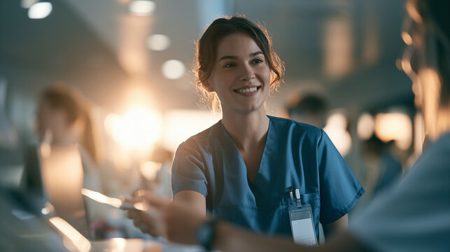 Cinematic hospital reception with receptionist greeting patient, warm morning sunlight and modern healthcare atmosphere