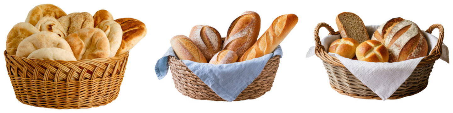 Three wicker baskets filled with various types of bread and rolls, isolated on a white background.