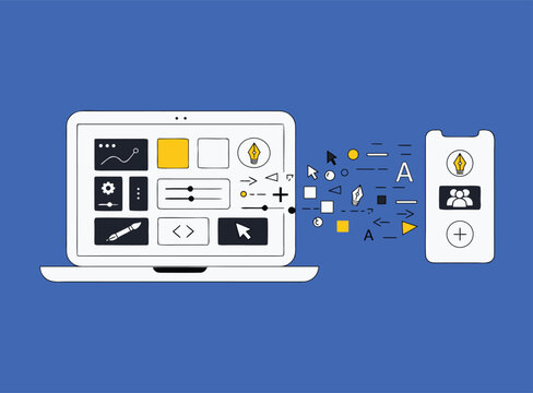 Responsive web design and app development process vector illustration with laptop and smartphone user interface UX design digital technology mobile application electronic dev