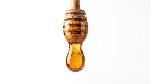 Golden honey dripping from a wooden honey dipper against a white background with honey drop sweet honey liquid honey stream sticky honey natural honey ingredient breakfast production