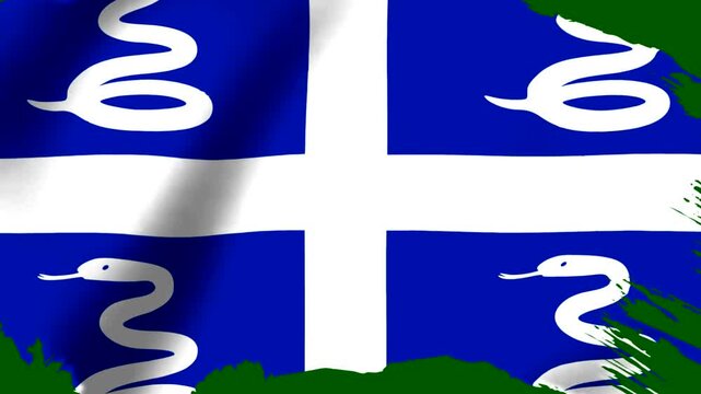 Waving flag of Martinique with white snakes and a cross on a blue field