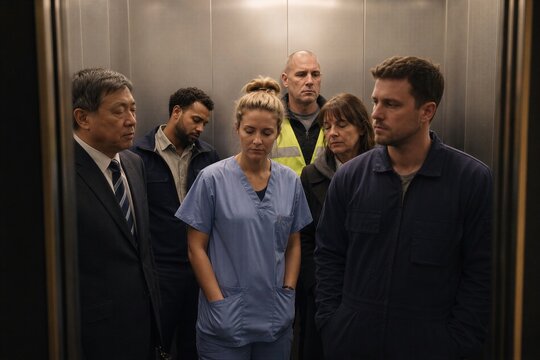 Diverse group of commuters standing silently in crowded elevator, including nurse, worker, and business professional. Everyday urban travel and workplace routine concept.
