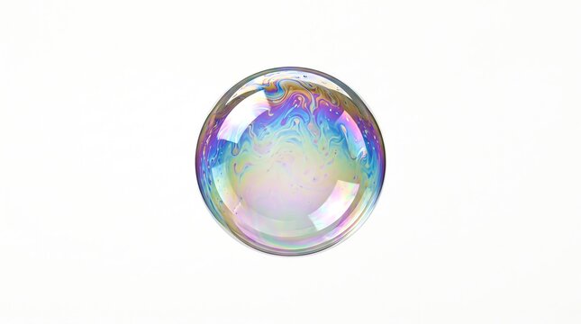 Iridescent soap bubble showing rainbow colors against a clean white background with light reflection soap film optical effect liquid surface air bubble surface tension physics experiment