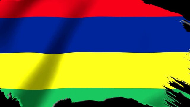 Waving flag of Mauritius featuring red blue yellow and green horizontal stripes with realistic fabric texture