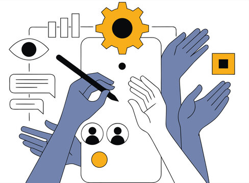 Creative concept illustration showing hands interacting with digital devices and analytical tools human hands touch screens writing instruments interface icons vector illustr