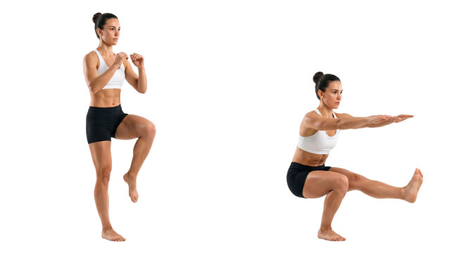 Female athlete performing single leg balance and pistol squat variations in studio fitness setting demonstrating strength, stability and focused training posture