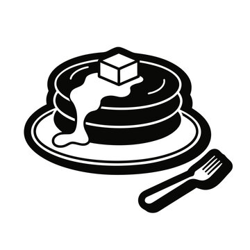 Minimalist pancake stack vector sticker, black and white breakfast food illustration, morning meal pancakes with butter and syrup