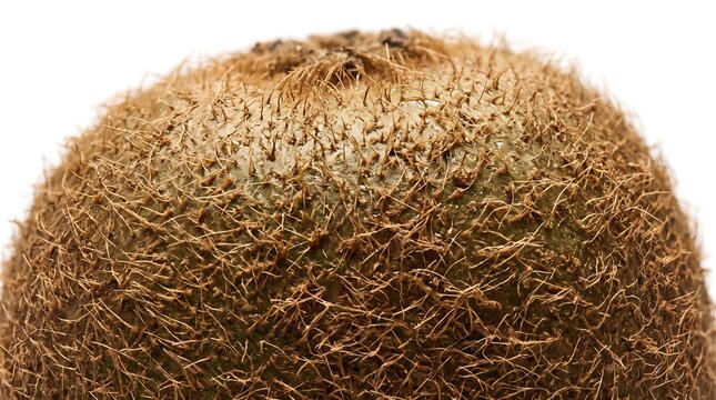 Extreme close up of a brown fuzzy kiwi fruit skin texture against a white background with macro kiwi organic fruit raw food macro photography studio lighting exotic fruit rough texture close