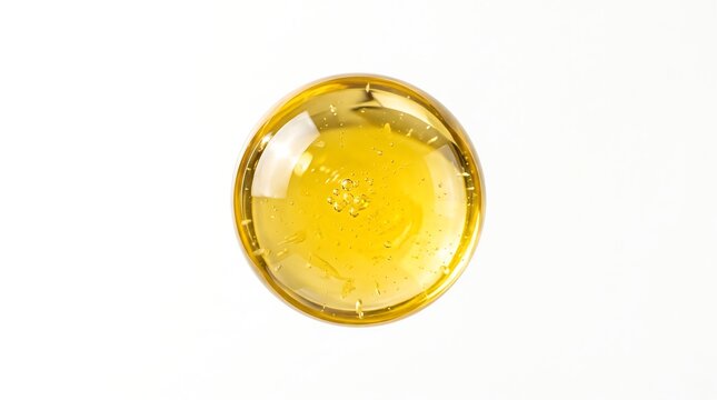 Golden yellow oil droplet or liquid sphere isolated on white background with yellow drop oil bubble transparent sphere round drop serum drop cosmetic oil essence droplet transparent cosmetic