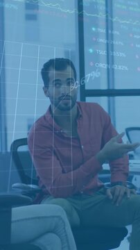 Animation of financial data processing over diverse business people working at office