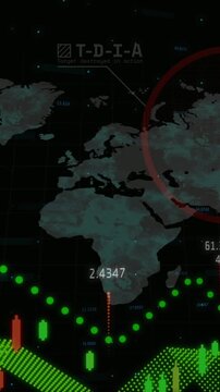 Animation of graphs, numbers and flying missile over map against black background