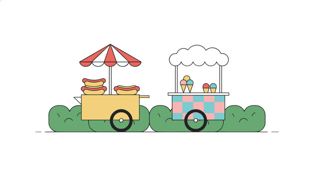 Classic yellow hot dog cart and a colorful checkered ice cream cart parked together outdoors on a green lawn.