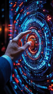 Man's Hand Touching Circular Glowing Digital Interface with Advanced Technological HUD Elements