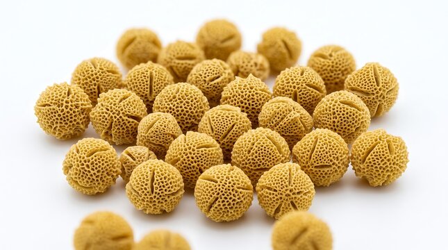 Cluster of small textured golden brown spherical burrs arranged on a white background with golden spheres textured balls brown seeds plant seeds round objects botanical specimens organic shapes