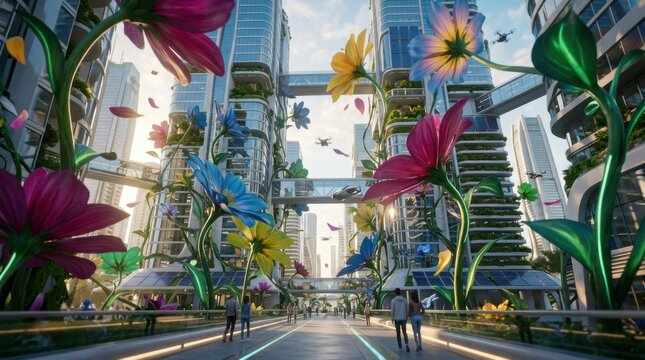 Futuristic cityscape with oversized colorful flowers and modern skyscrapers interconnected by skybridges