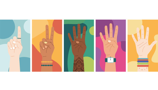 Hands showing numbers from one to five with fingers on diverse colorful abstract geometric backgrounds.