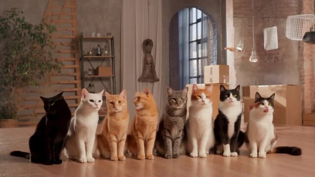 Minimalist composition of eight diverse domestic cats sitting in a neat row within a modern indoor loft