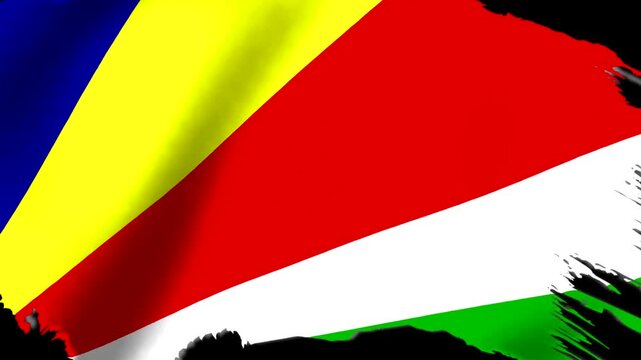 Waving flag of Seychelles featuring blue yellow red white and green diagonal stripes