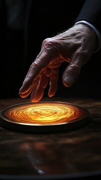 Close-up of Senior Hand Reaching Toward Glowing Circular Energy Vortex on Dark Surface