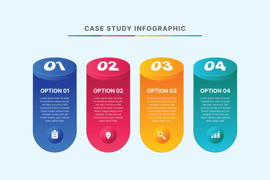 Case study infographic template with 4 colorful vertical columns and icons