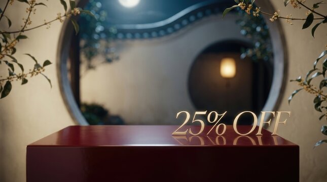 A festive mid autum festival china display featuring a golden twenty five percent discount sign on a dark table