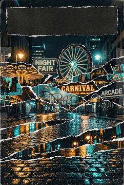 Torn Paper Collage of Night Carnival with Ferris Wheel and Neon Arcade Signs