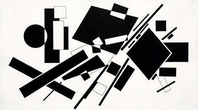 Suprematist abstract composition, black geometric shapes and lines, modernist art elements, bauhaus style forms, graphic design layout inspiration