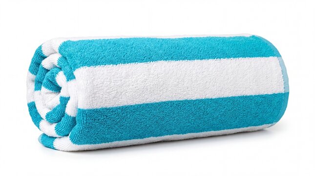 Rolled blue and white striped cotton beach bath towel, summer vacation resort poolside soft textile accessory photo isolated on clean white background