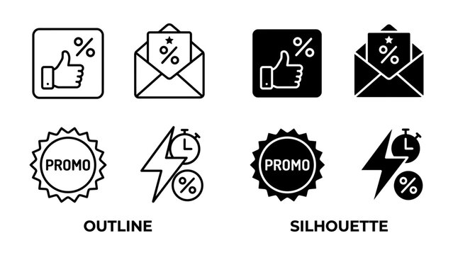 Set of Promotional Icons: A collection of outline and silhouette icons symbolizing promotions, discounts, and limited-time offers, perfect for marketing and e-commerce graphics.