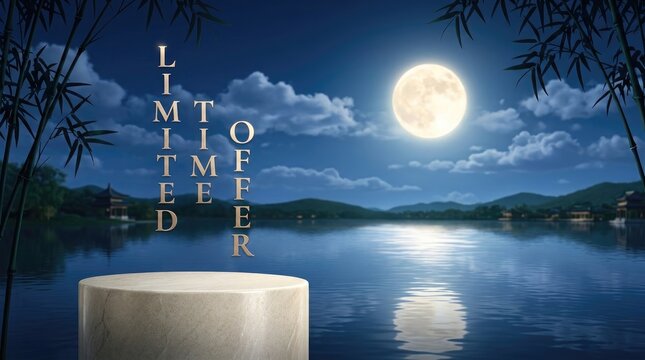 A product display podium set against a beautiful night landscape for the traditional mid autum festival china holiday celebration