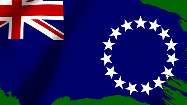 Waving flag of the Cook Islands featuring white stars on a blue background with a patriotic design