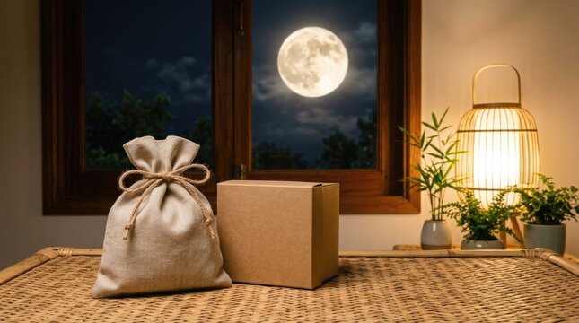 A festive gift set displayed on a wooden table during the beautiful mid autum festival china night celebration scene
