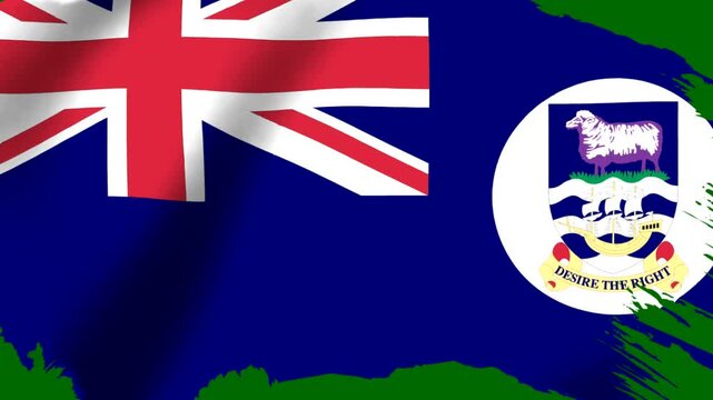 Waving flag of the Falkland Islands featuring a blue background and the official national coat of arms