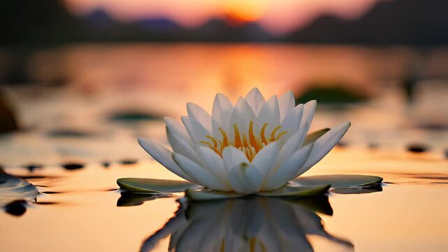 Serene white water lily blooming on pond at sunset
