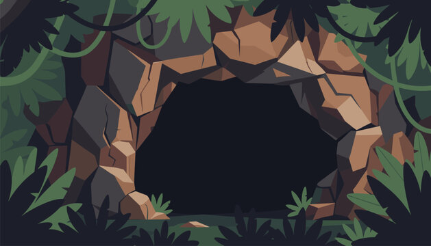 Mysterious dark cave entrance surrounded by a lush green jungle forest with hanging vines and tropical foliage.