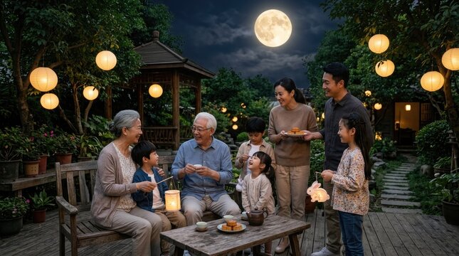 A happy multi generational asian family celebrating the mid autum festival china with mooncakes and lanterns under full moon