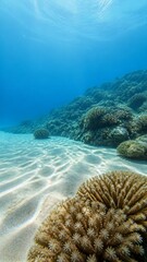 Fototapeta premium Underwater coral reef landscape with sunlit sandy seabed and open blue water creating spacious copy space for marine conservation and travel banner
