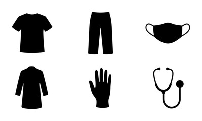 Fototapeta premium Medical Uniforms and Healthcare Icons: T-shirt, Pants, Mask, Coat, Glove, Stethoscope