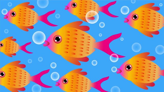 vibrant orange fish swimming across bright blue pattern water