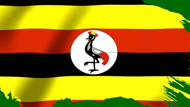 Waving flag of Uganda featuring the national emblem of a grey crowned crane on a textured artistic background