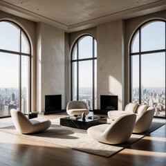 Fototapeta premium Modern living room, big arched windows, city views, neutral tones, cozy ambiance, natural light, polished wood floors, black marble fireplace hearth, modern minimalistic furniture, curved beige