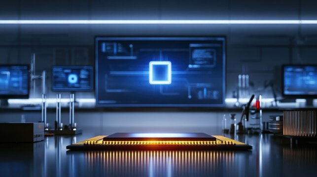 Quantum computing research concept featuring advanced processor components, laboratory instruments, abstract data structures, measurement equipment, technical diagrams, cooling hardware