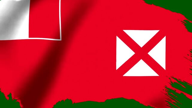Waving flag of Wallis and Futuna featuring a red background with a white cross and red saltire