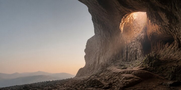 Dramatic cave opening framing a hazy mountain landscape at sunrise. Natural travel banner with rocky texture and expansive copy space for adventure concept.