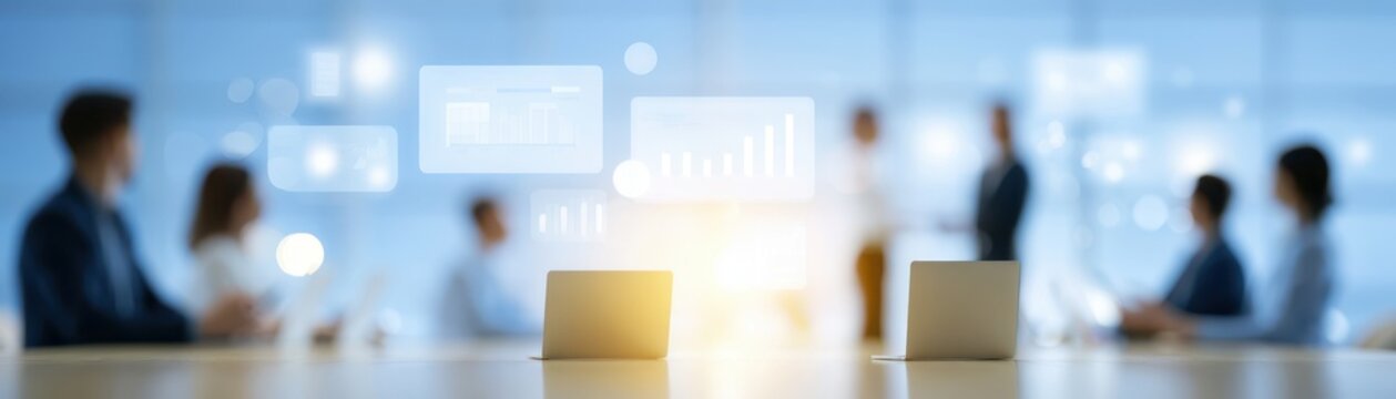 Technology driven workplace with employees collaborating around digital dashboards, connected laptops, automated scheduling tools, smart meeting systems