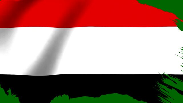 Waving flag of Yemen featuring horizontal red white and black stripes with artistic green brush stroke edges